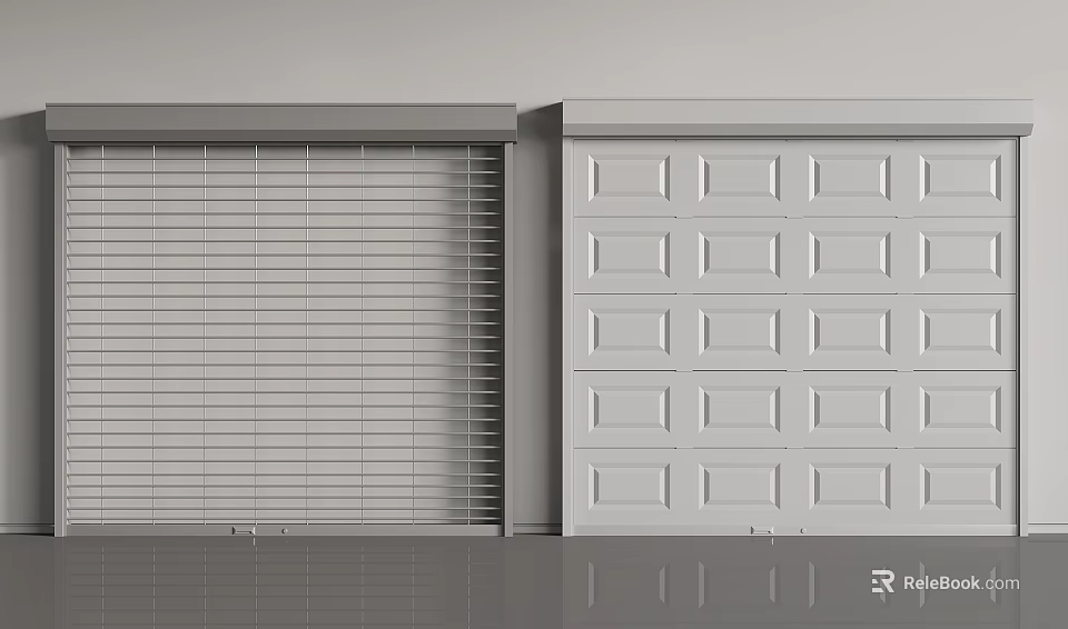 Modern Garage Doors Exterior With Roller Shutter Slats And Paneled White Design 3d model 