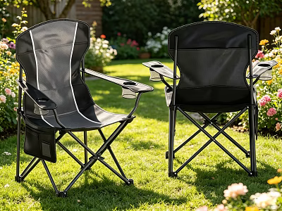 Black Outdoor Folding Armchairs Placed In Garden With Grass And Flowers 3d model
