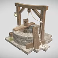 Cartoon Scene of Ancient Well With Wooden Frame Stone Structure Lantern and Bucket