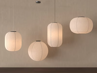 Four Hanging Round Cream Colored Paper Lanterns With Light Wall And Wooden Surface 3d model