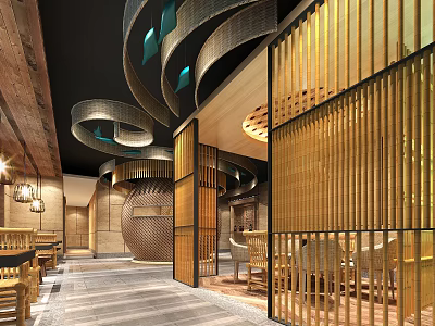 Traditional Modern Restaurant Interior With Bamboo Screens Wooden Flooring And Circular Lights 3d model