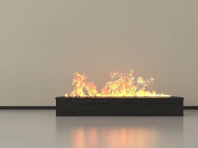 Black Modern Fireplace With Bright Burning Flames Against Light Colored Wall Smooth Floor And Reflection 3d model