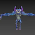 Purple Blue Fantasy Creature With Bat Ears Large Eyes Sharp Fangs Outstretched Arms