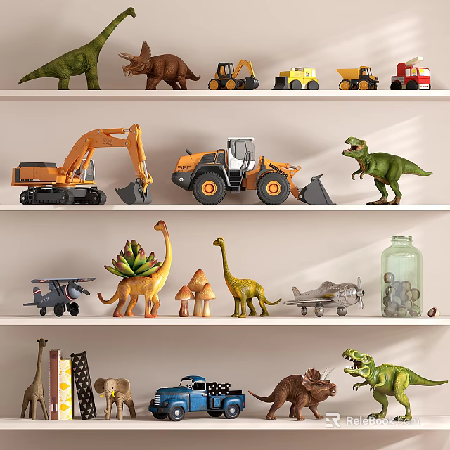 Decorative Toy Shelf With Dinosaur Toys Construction Vehicles Airplane Models And Books 3d model 
