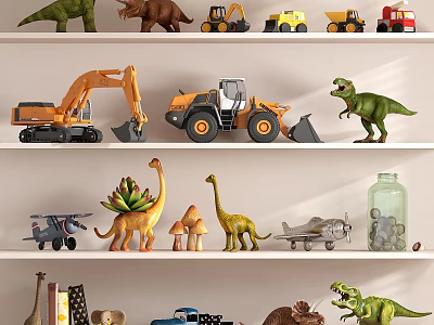 Decorative Toy Shelf With Dinosaur Toys Construction Vehicles Airplane Models And Books 3d model