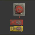 Vintage Industrial Equipment With Red Column Yellow Box Valves And Pipes