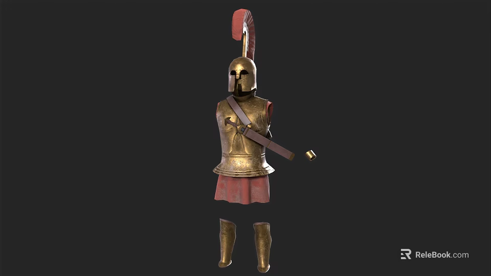 Ancient Warrior Armor Clothing With Golden Breastplate Red Feather Helmet Red Skirt Leg Armor Sword 3d model 