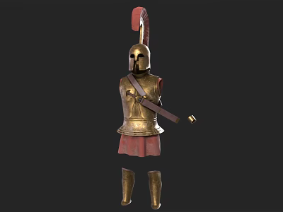 Ancient Warrior Armor Clothing With Golden Breastplate Red Feather Helmet Red Skirt Leg Armor Sword 3d model