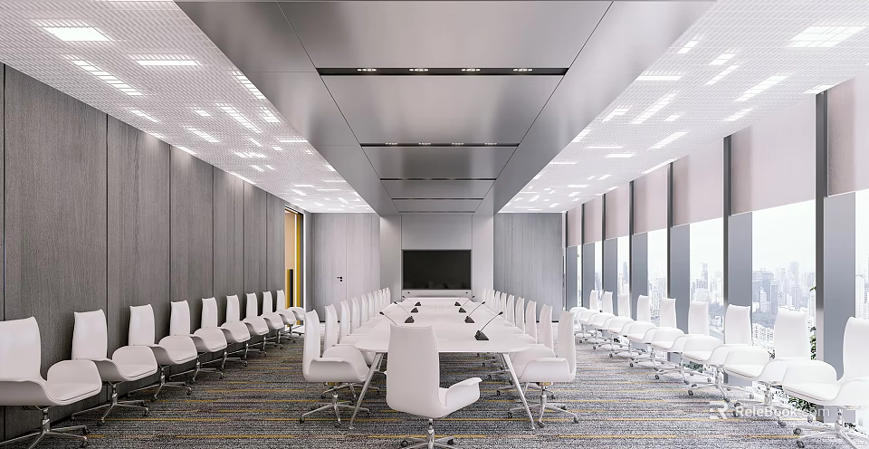 Modern Meeting Room Interior With Long Conference Table White Chairs Large Screen And Ceiling Lighting 3d model 