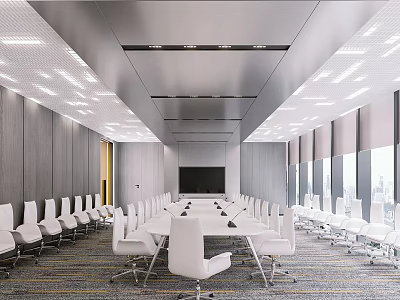 Modern Meeting Room Interior With Long Conference Table White Chairs Large Screen And Ceiling Lighting 3d model
