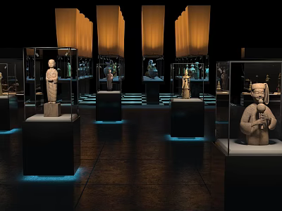 Exhibition Space With Glass Display Cases Holding Ancient Sculptures And Hanging Lanterns 3d model