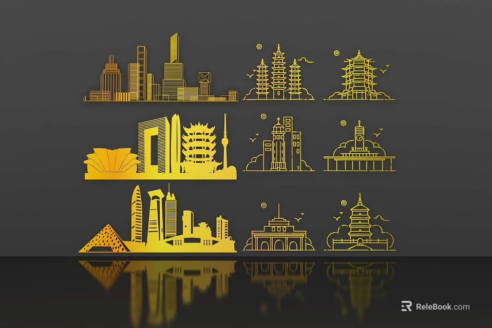 Golden City Landmarks Silhouettes Wall Decor With Reflections And Modern Design 3d model 