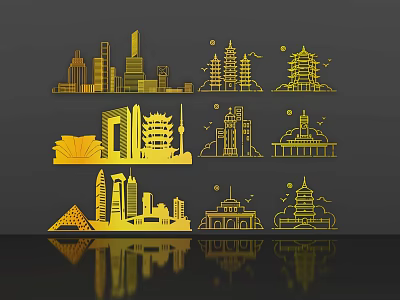 Golden City Landmarks Silhouettes Wall Decor With Reflections And Modern Design 3d model