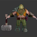 Dwarf Character Standing With Red Beard Yellow Vest And Large Hammer 3d model