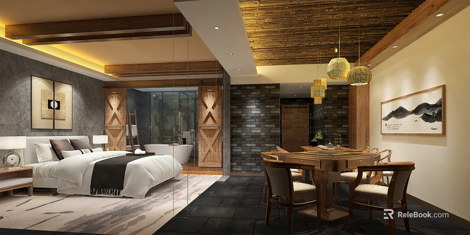 Rustic Modern Hotel Guest Room Featuring Wooden Ceiling Stone Wall And Bathtub 3d model 