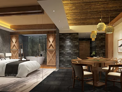 Rustic Modern Hotel Guest Room Featuring Wooden Ceiling Stone Wall And Bathtub 3d model