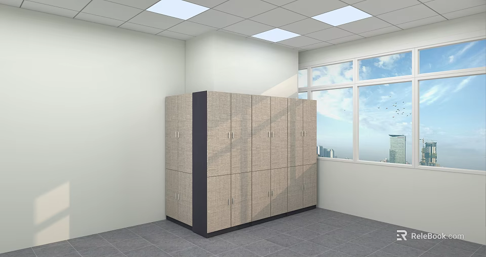Modern Practical Public Bathroom Interior With Spacious Textured Storage Lockers And Large Windows 3d model 