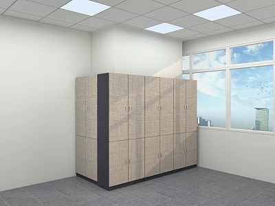 Modern Practical Public Bathroom Interior With Spacious Textured Storage Lockers And Large Windows 3d model