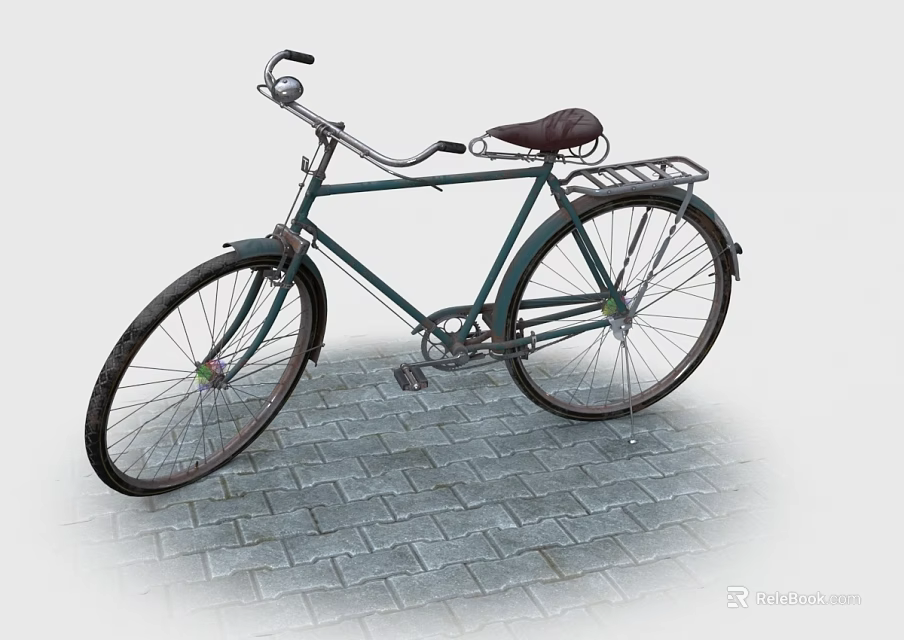 Vintage Green Bicycle With Steel Frame Brown Leather Seat On Brick Pavement 3d model 