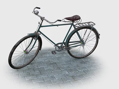 Vintage Green Bicycle With Steel Frame Brown Leather Seat On Brick Pavement 3d model