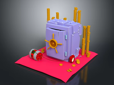 Purple Safe With Yellow Wheel Gold Coin Stacks Red Roller And Mat 3d model