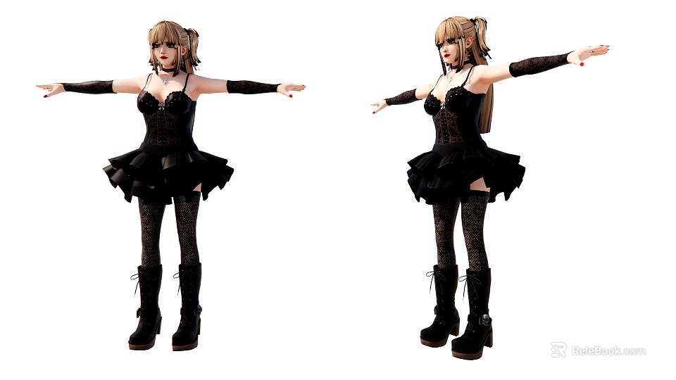 Game Movie Character with Twin Tail Hairstyle Black Dress Lace Stockings Boots Extended Arms Pose 3d model 