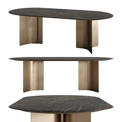 Elegant Modern Dining Table With Dark Marble Top And Brass Curved Metal Legs 3d model