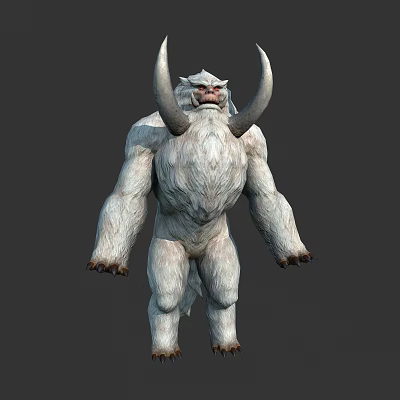 White Furred Mythical Creature With Large Curved Horns Muscular Body And Standing Pose 3d model