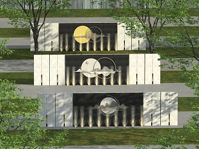 Layered Artistic Feature Wall With Circular Moon Sun Motifs And Fountain Jets 3d model