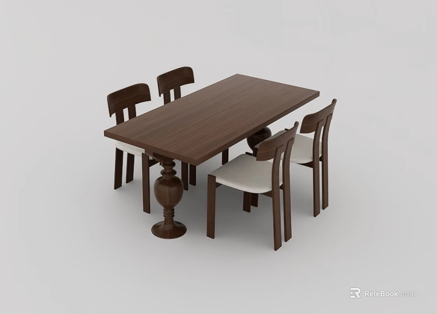 Wooden Dining Table Set With Four Chairs And Light Colored Cushions 3d model