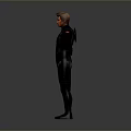 Male in Futuristic Black Bodysuit With Blue Glowing Lines Arms Outstretched Against Grey Gradient Background