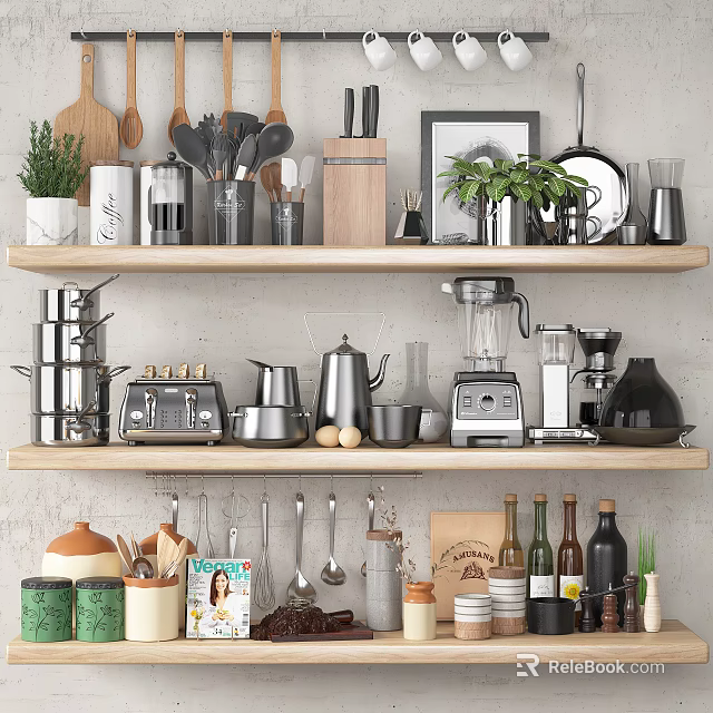 Organized Kitchen Shelves Displaying Assorted Cooking Utensils Pots Blender Knives Jars And Green Plants 3d model 