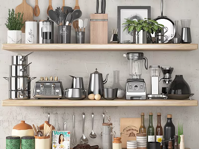 Organized Kitchen Shelves Displaying Assorted Cooking Utensils Pots Blender Knives Jars And Green Plants 3d model