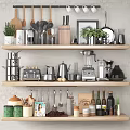 Organized Kitchen Shelves Displaying Assorted Cooking Utensils Pots Blender Knives Jars And Green Plants