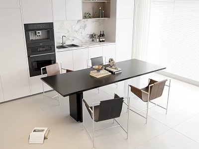 Modern Dining Table Set With Black Table And Chairs In Open Kitchen With White Cabinets 3d model