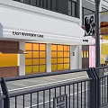 East Riverside Cafe Storefront With White Awning Yellow Windows And Street Cyclist Scene