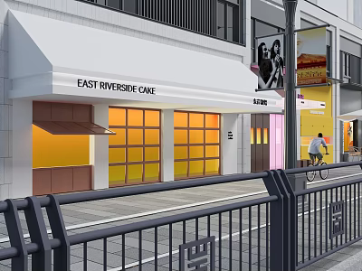 East Riverside Cafe Storefront With White Awning Yellow Windows And Street Cyclist Scene 3d model
