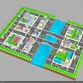 Modern Urban Community Layout With Green Spaces Water Channels Roads And Wind Turbines