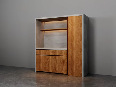 Modern Wooden Storage Cabinet With Open Shelves Drawers And Gray Countertop 3d model