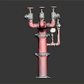 Red Industrial Piping with Multiple Valves and Connection Fittings in Vertical Structure