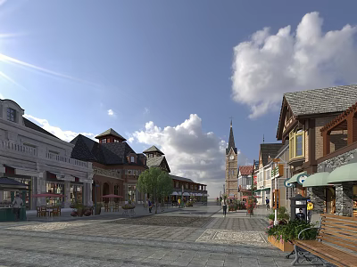 European Style Commercial Street With Clock Tower Stone Paved Road Various Shops And Pedestrians 3d model