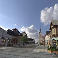 European Style Commercial Street With Clock Tower Stone Paved Road Various Shops And Pedestrians
