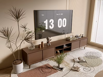 Modern TV Stand With Flat Screen TV Potted Plants Decorative Items And Area Rug 3d model