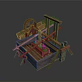 Vintage Industrial Equipment Wooden Mechanical Structure With Wheel And Support Frames