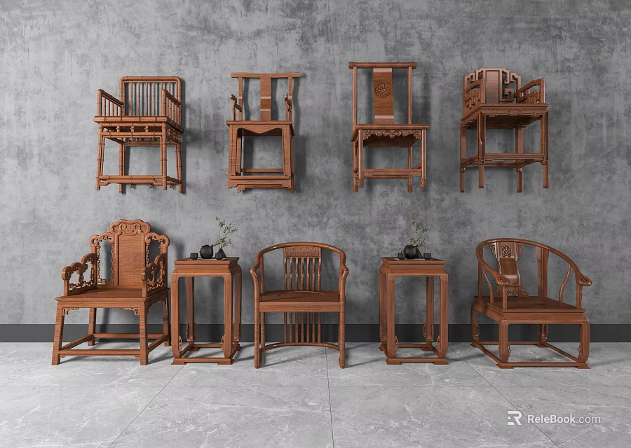 Traditional Chinese Wooden Armchairs With Intricate Carvings And Matching Side Tables 3d model 