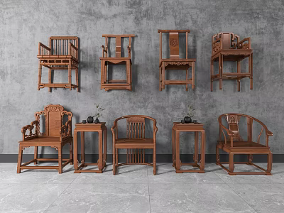 Traditional Chinese Wooden Armchairs With Intricate Carvings And Matching Side Tables 3d model