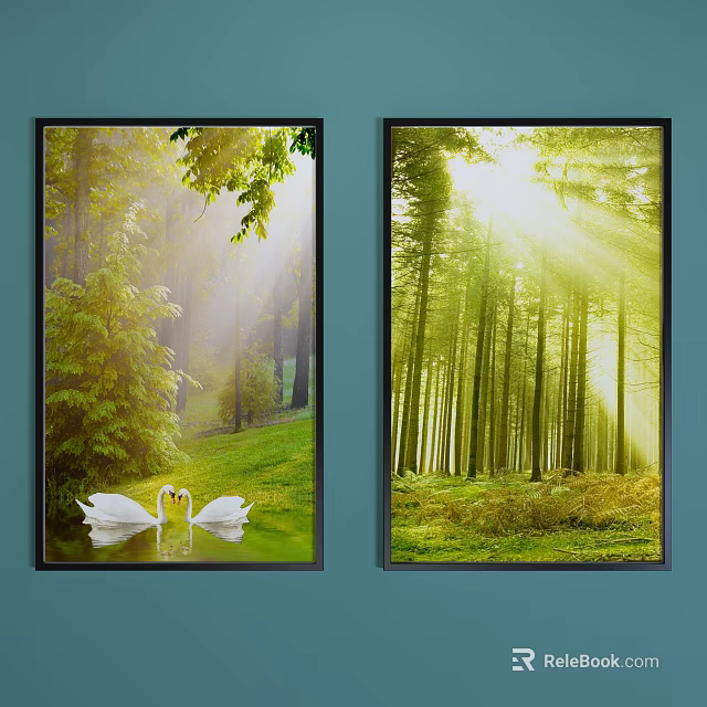 Serene Landscape Painting With White Swans Green Grass And Sunlight Through Trees 3d model 