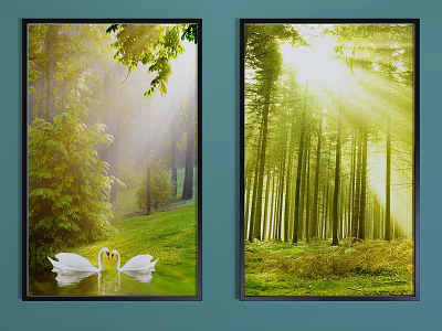 Serene Landscape Painting With White Swans Green Grass And Sunlight Through Trees 3d model