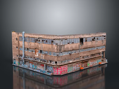 Cartoon Scene of Old Corner Multi Story Building With Peeling Walls Broken Windows Colorful Graffiti 3d model