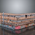 Cartoon Scene of Old Corner Multi Story Building With Peeling Walls Broken Windows Colorful Graffiti